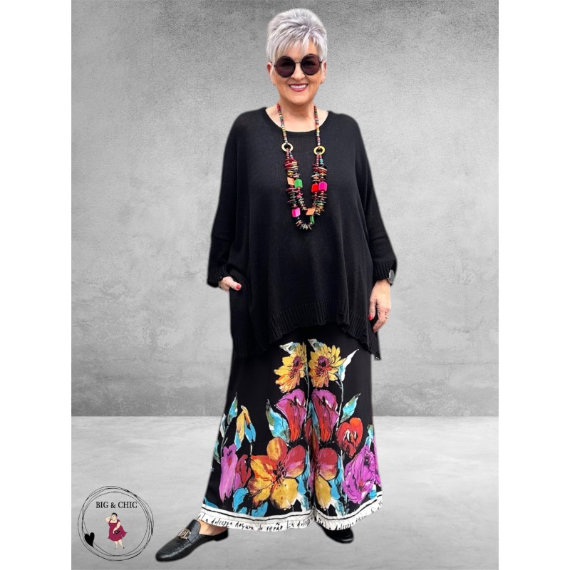 New Style Pantalon Wijd Zwart/Flowers