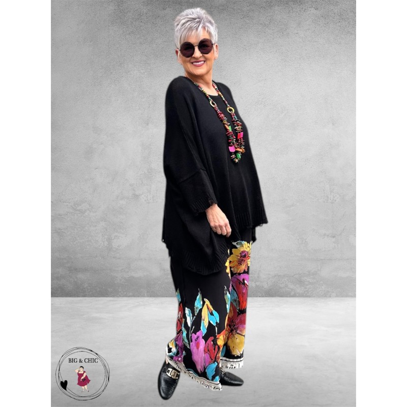 New Style Pantalon Wijd Zwart/Flowers
