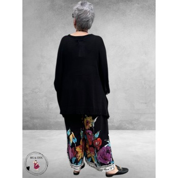 New Style Pantalon Wijd Zwart/Flowers