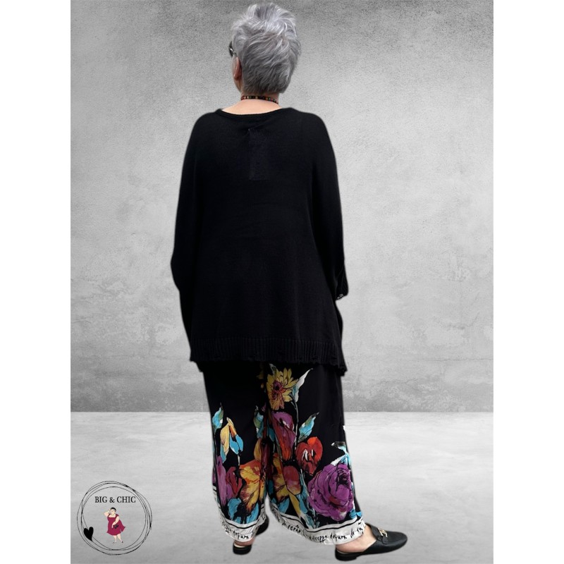 New Style Pantalon Wijd Zwart/Flowers