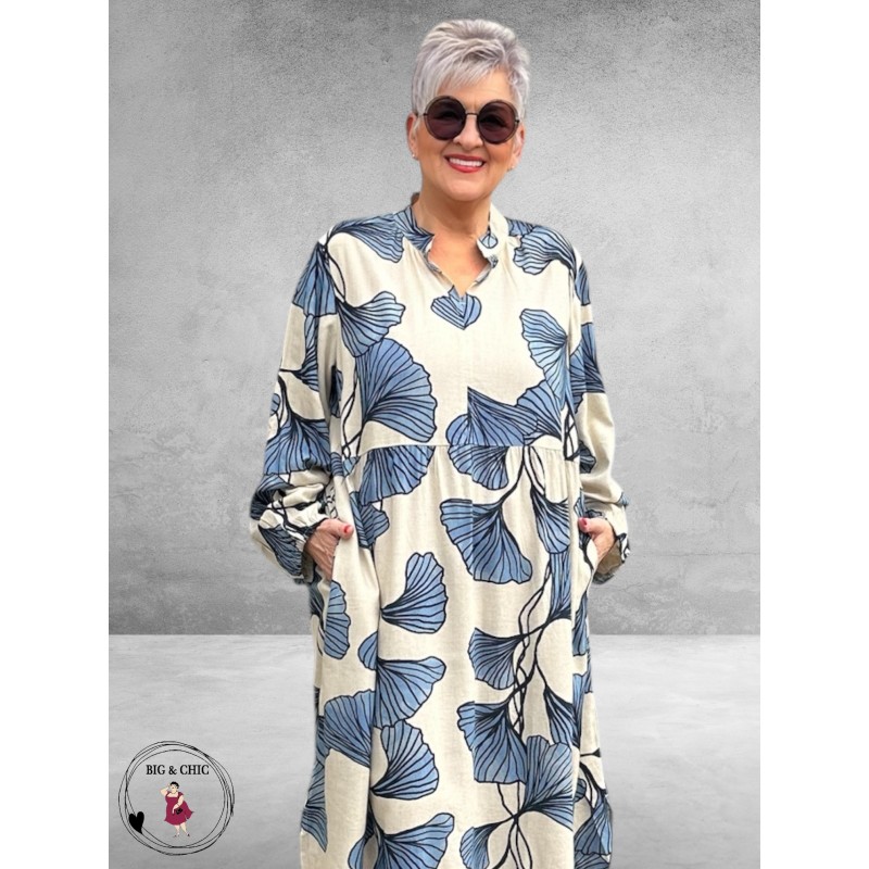 NOEN Jurk Maxi Bladmotief Blauw