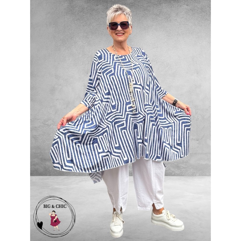 Rafay Tuniek A-Lijn Blauw/Wit Grafisch