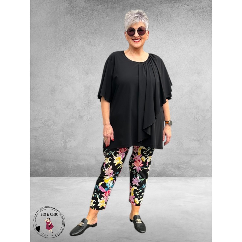 Robell Broek Bella Straight Fit Zwart Multi Flowers