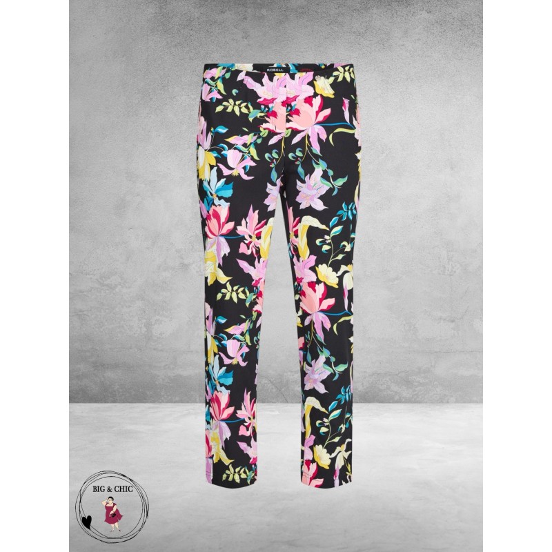 Robell Broek Bella Straight Fit Zwart Multi Flowers