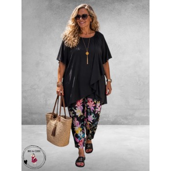 Robell Broek Bella Straight Fit Zwart Multi Flowers