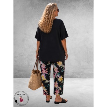 Robell Broek Bella Straight Fit Zwart Multi Flowers