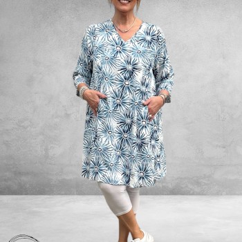 Studio Jurk BRIGITTE Wit-Blauw-Flowers