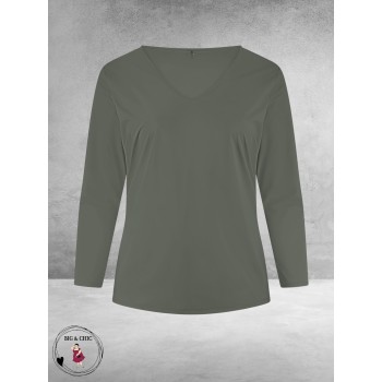 PLUS BASICS Shirt Tee V Slim Langmouw Mud