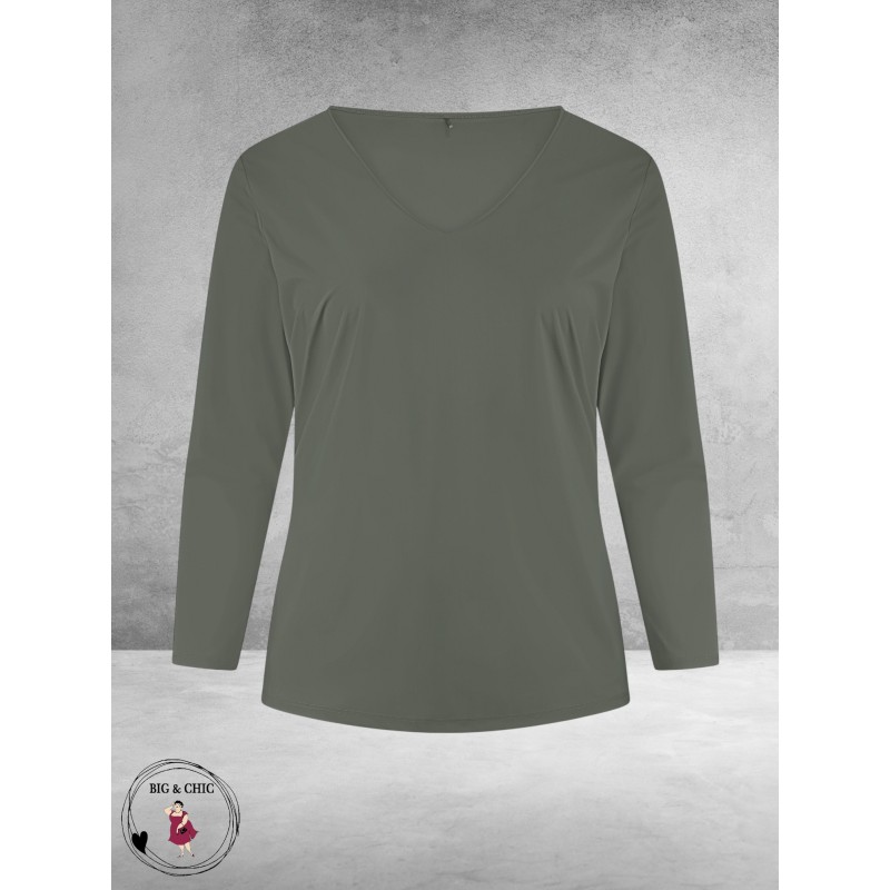 PLUS BASICS Shirt Tee V Slim Langmouw Mud